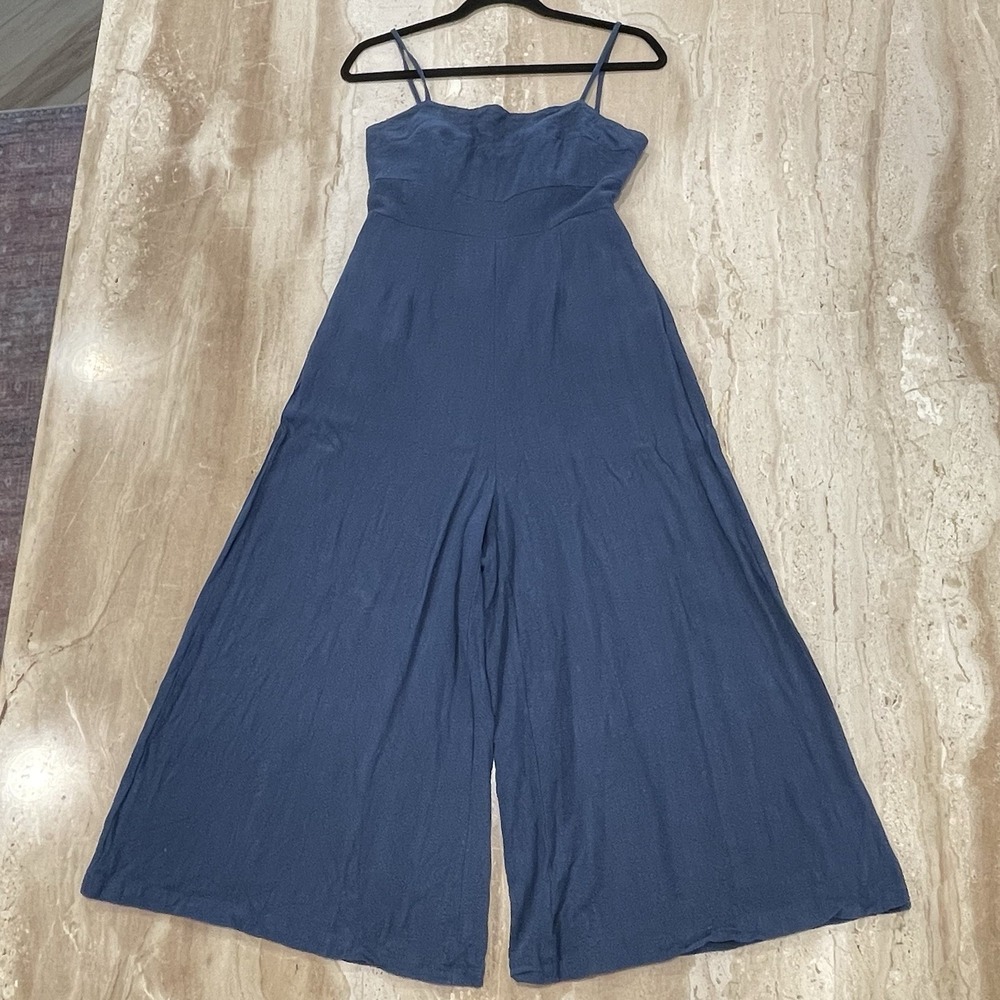 Navy‎ Blue Womens LINEN Jumpsuit JUMPER Romper POCKETS Top Tie Back WIDE LEG M